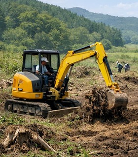 パワーショベルを使い、掘り起こした土や植物の根をバケットでかき分ける開墾作業の様子