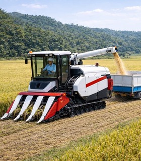 田んぼで稲を刈り取りながら、同時に走行するトラックの荷台へオーガ（排出パイプ）から籾を排出する大型コンバイン
