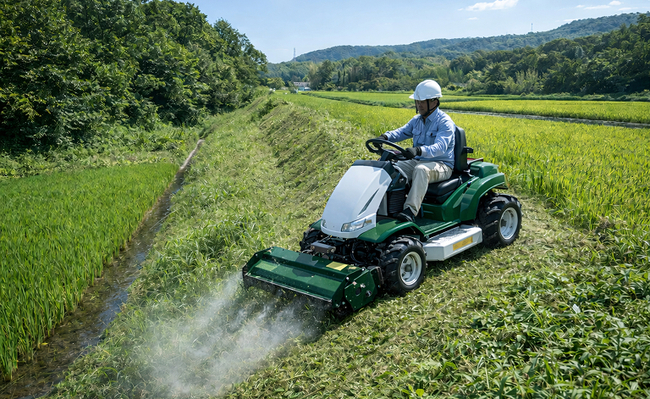 乗用草刈機（ラジコン草刈機）で法面の除草作業を行う様子